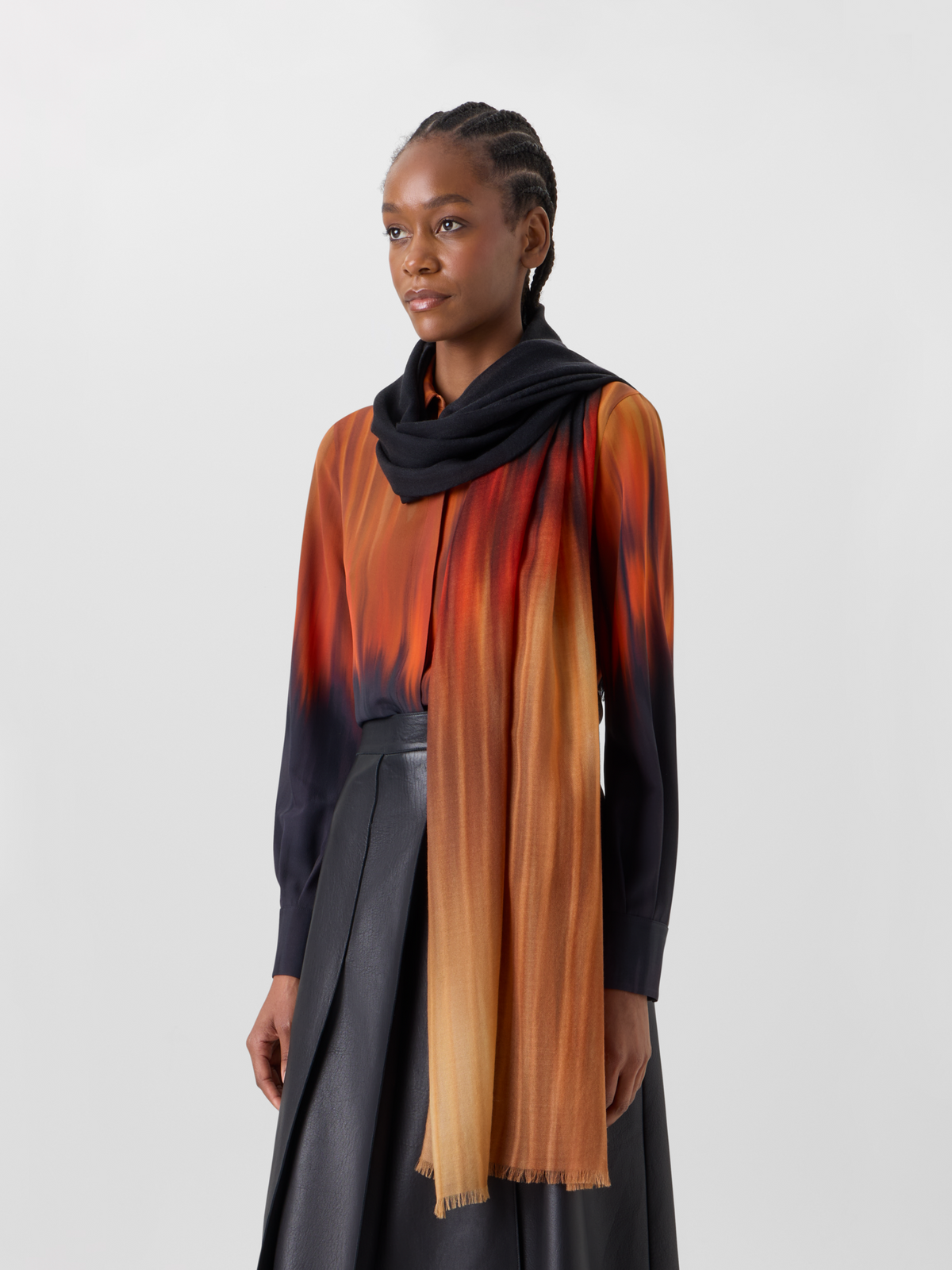 Designer Cashmere Scarf in Fuego Negro Print - multicolor - black - brown #editorial