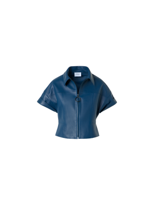 Designer Pin Dot Nappa Leather Zip Jacket - blue