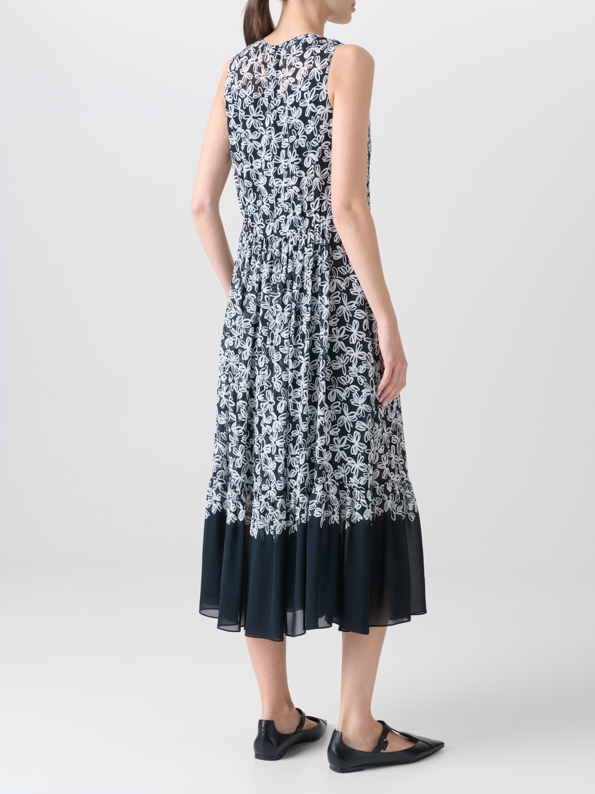 Designer Sleeveless Midi Dress with Flower Print - black - neutral - multicolor #editorial