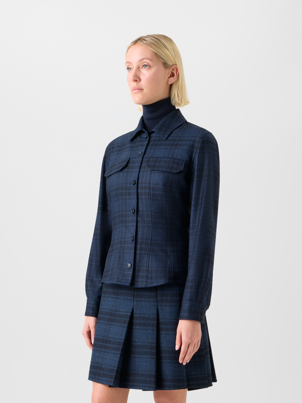 Designer Fitted Wool Flannel Plaid Shirt Blouse - neutral - navy - blue #editorial