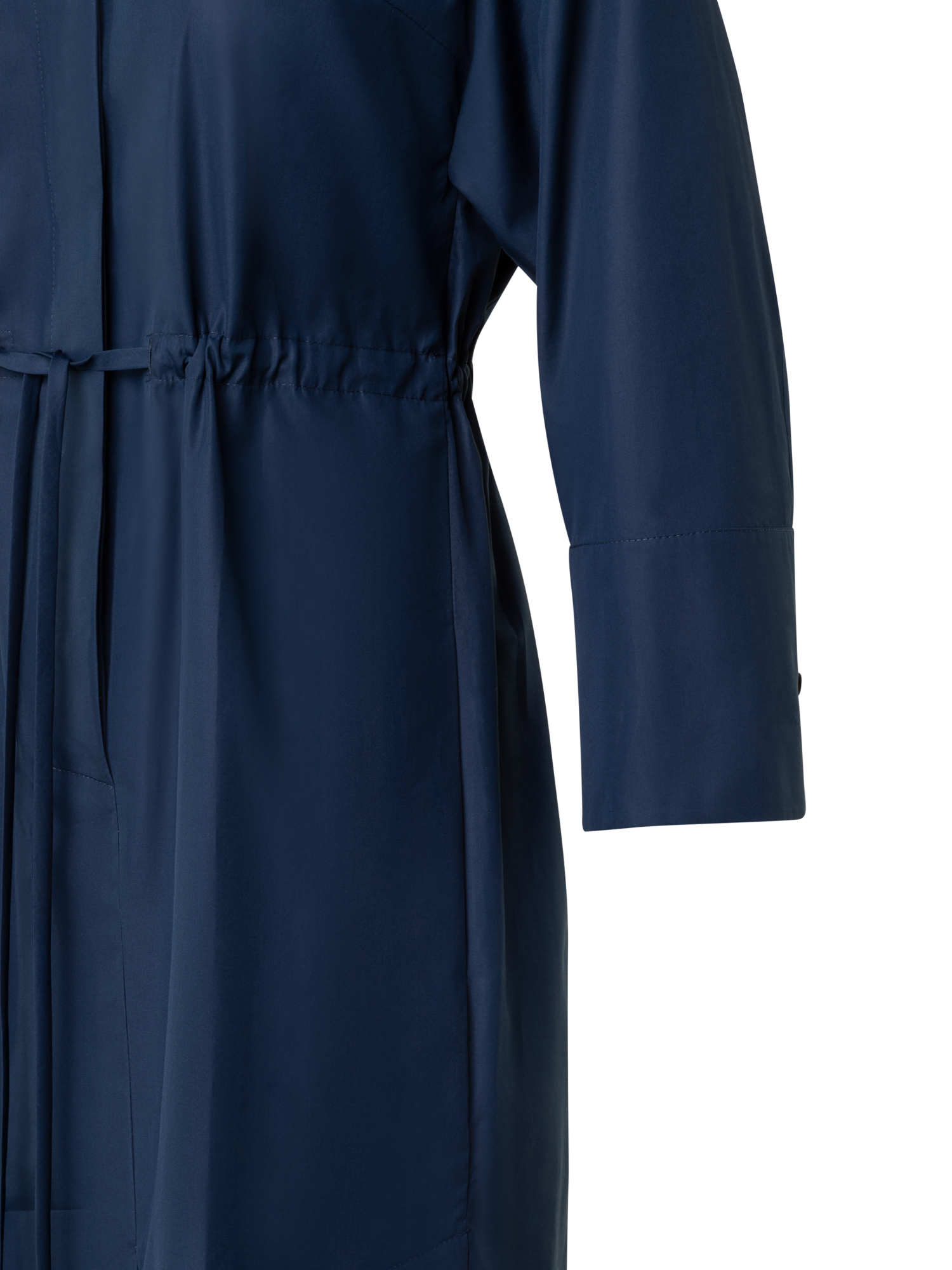 Designer Cotton Midi Shirt Dress with Drawstring - navy - blue