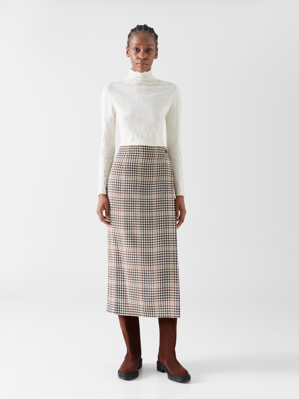 Designer Midi Wrap Skirt in Check Tweed - brown - ecru - multicolor #editorial