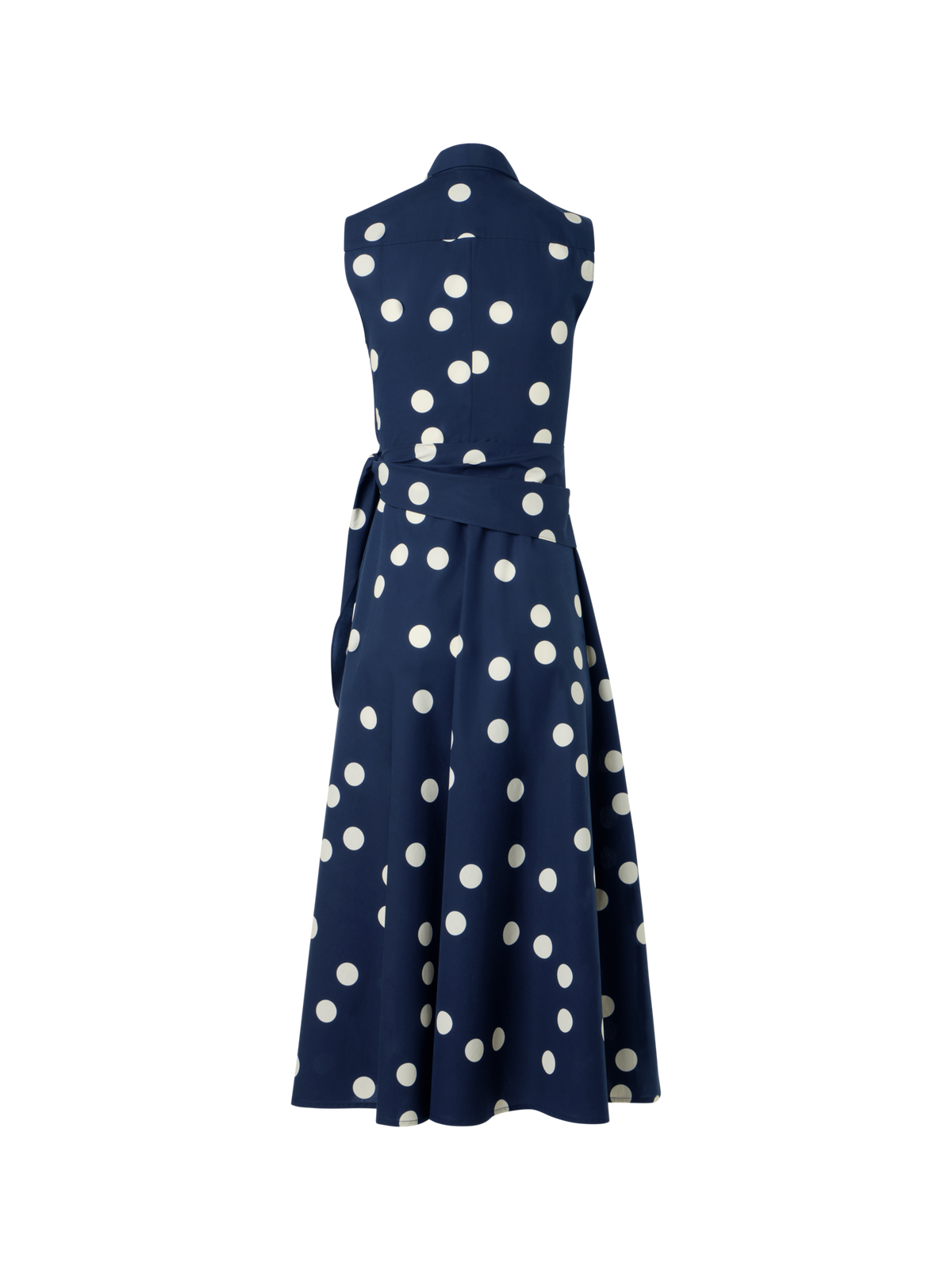 Designer Polka Dot Wrap Midi Dress in Cotton Poplin - navy