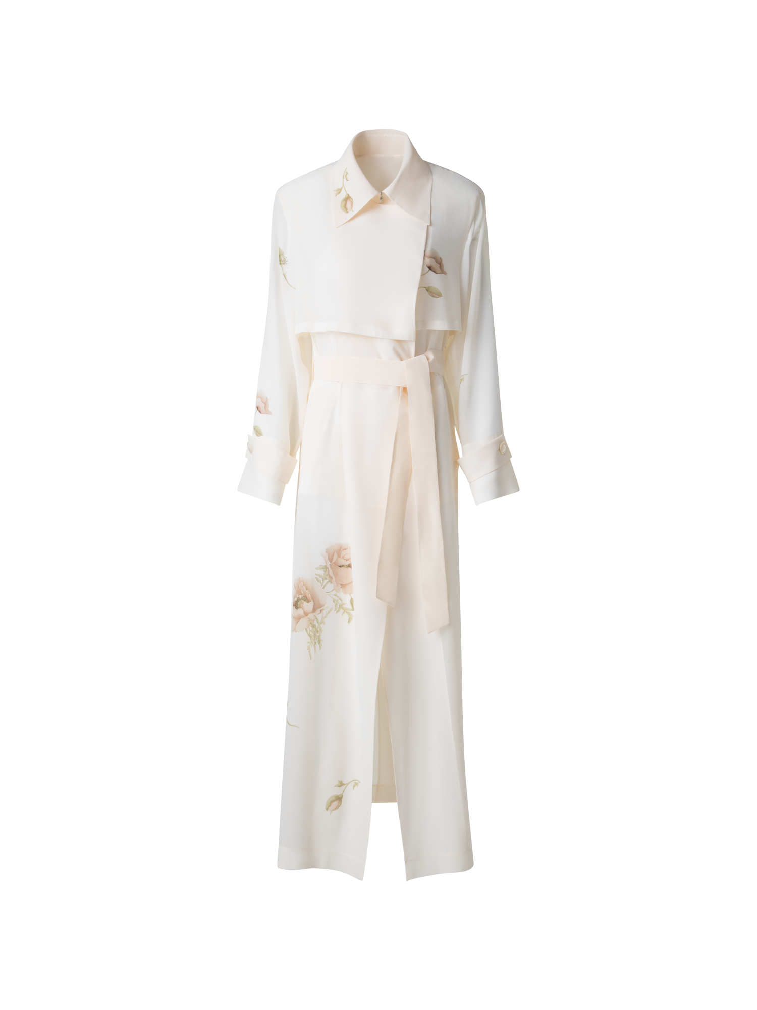 Designer Silk Trench Coat with Anemone Print  - neutral - pastel - multicolor - ecru - white