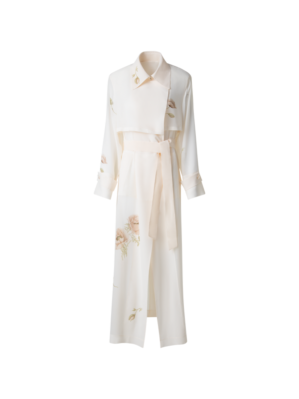 Designer Silk Trench Coat with Anemone Print  - neutral - pastel - multicolor - ecru - white