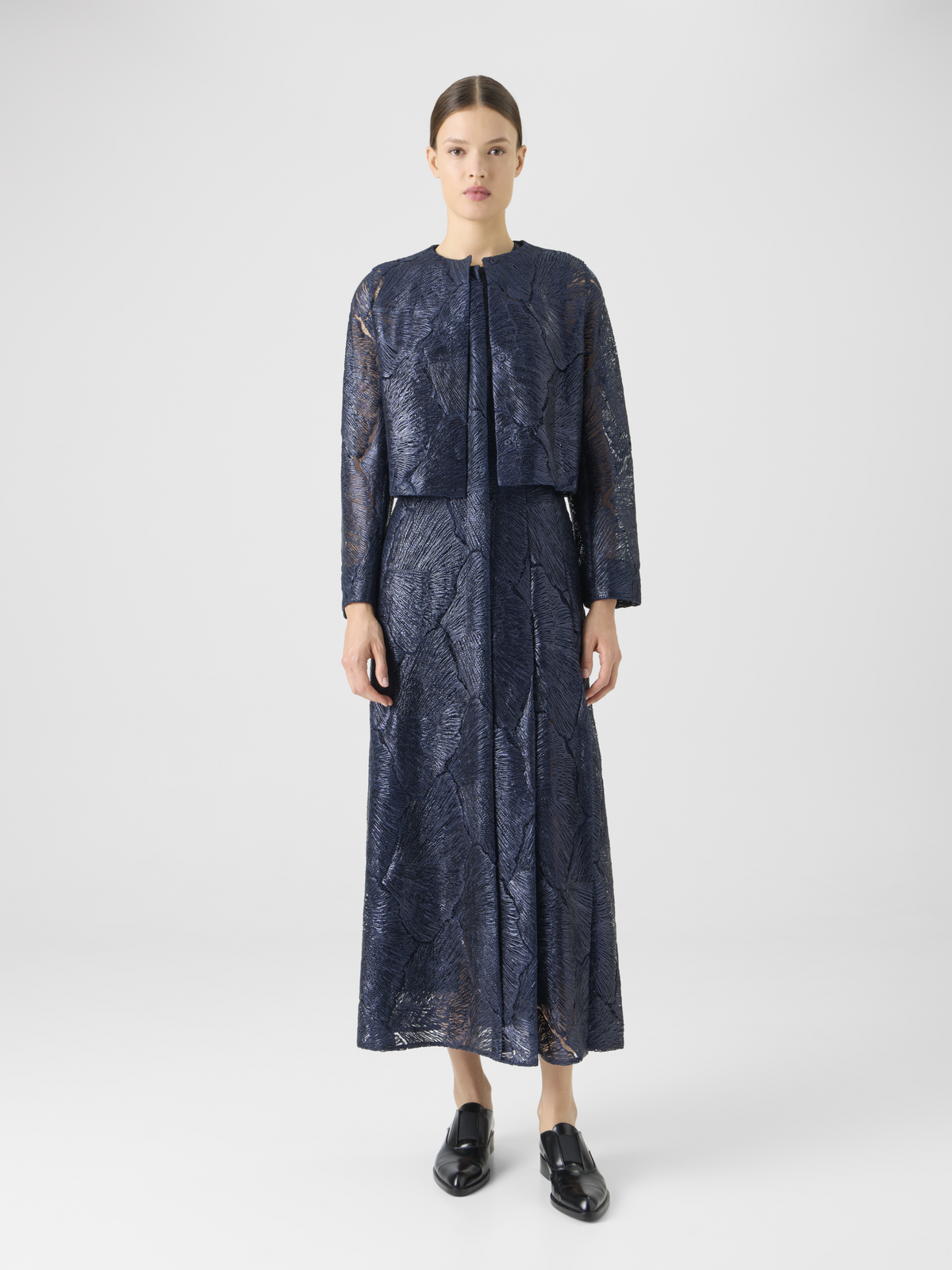 Designer Lacquered Sea Fan Lace Short Jacket - navy #editorial