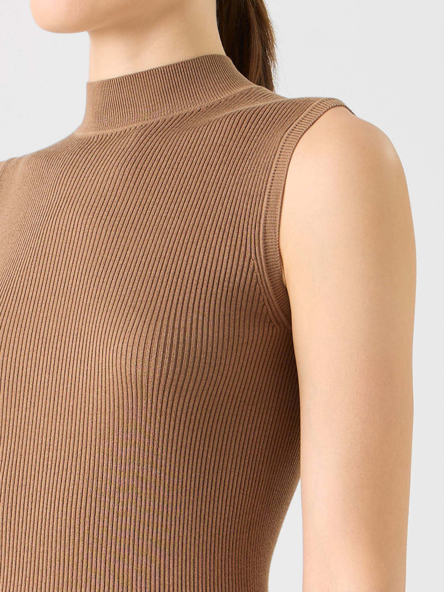 Designer Silk-Cotton Rib Knit Top - brown 