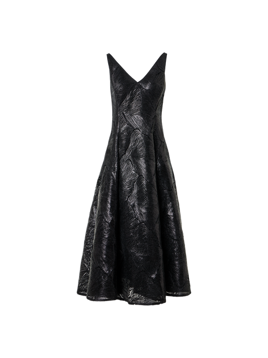 Designer Lacquered Sea Fan Lace Fit-and-Flare Midi Dress - black