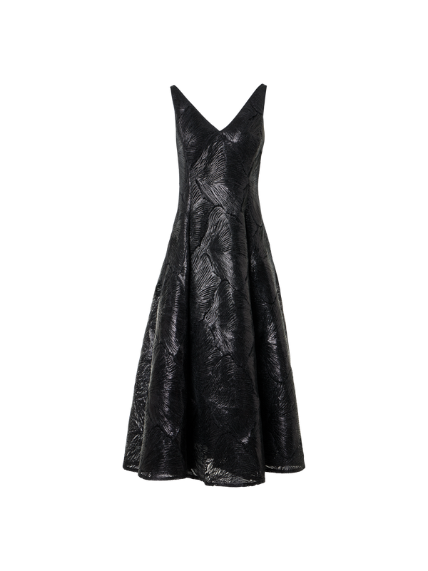 Designer Lacquered Sea Fan Lace Fit-and-Flare Midi Dress - black