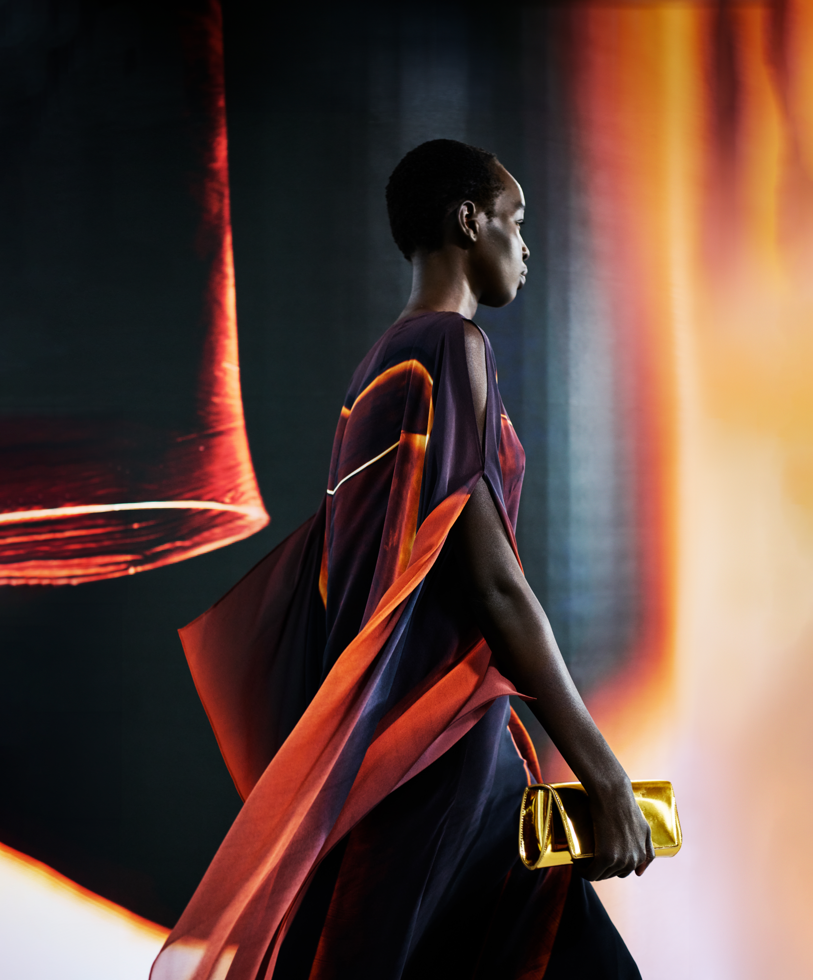 Designer Caftan Silk Gown with Tube Print - brown - multicolor - orange 