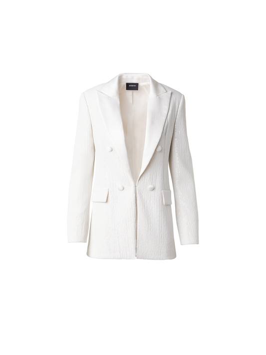 Designer Sequined Tuxedo Jacket with Satin Lapel - ecru - white
