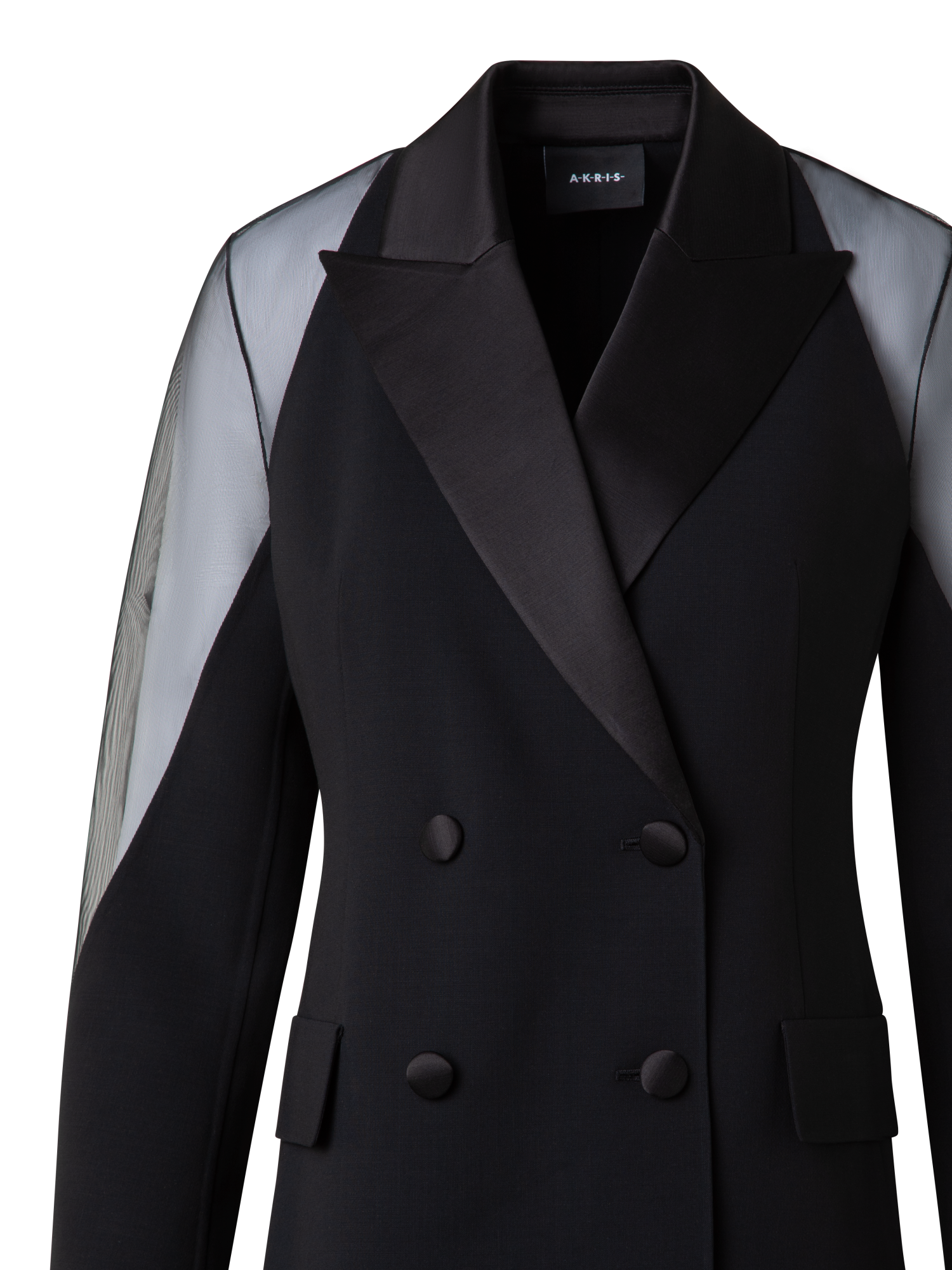 Designer Wool Satin Tuxedo Jacket with Sheer Shoulders
