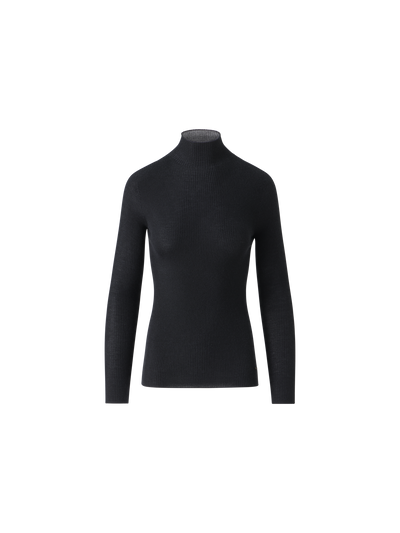 Designer Fine Rib Cashmere Silk Mock Neck Pullover - black