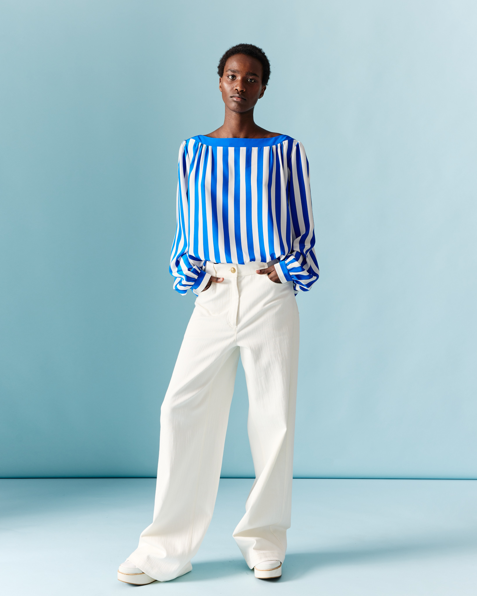 Designer Wide Cotton Denim Stretch Pants - ecru - white 