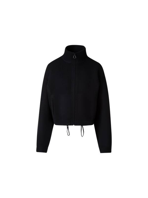 Designer Cropped Cashmere Piqué Cardigan with Zip - black