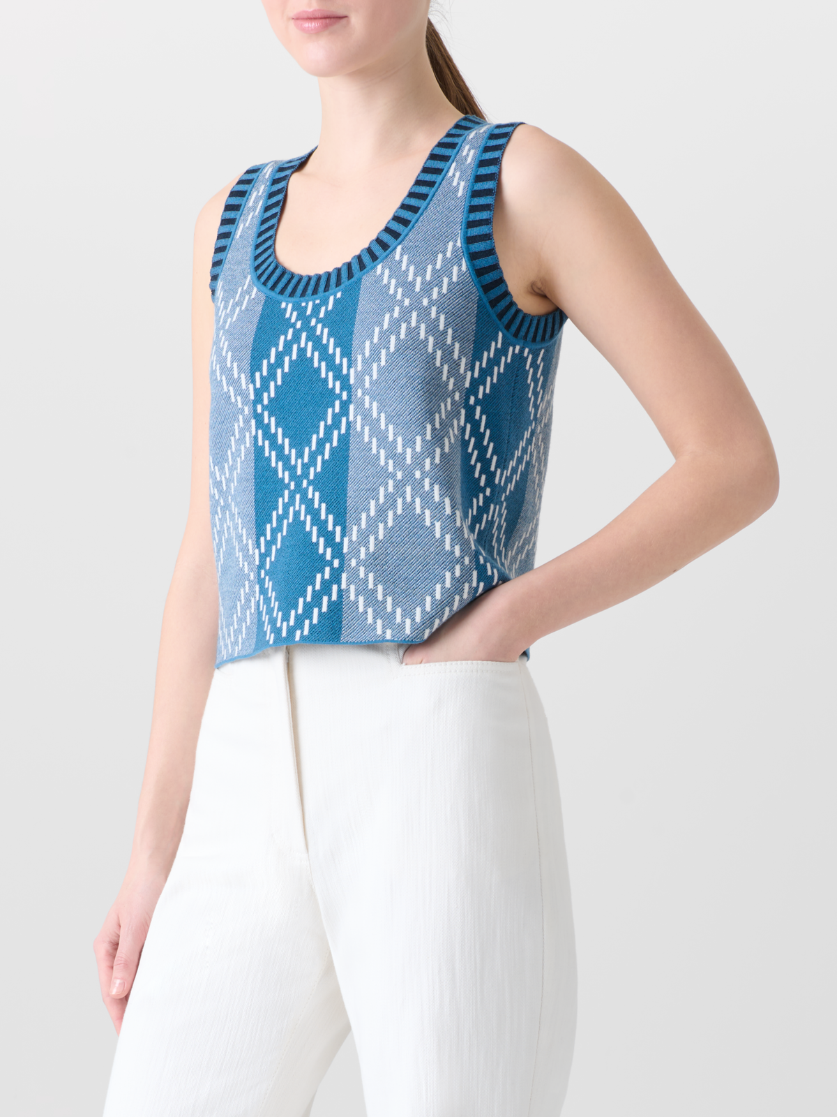 Designer Cropped Merino Knit Top with Diamond Jacquard - blue - multicolor #editorial