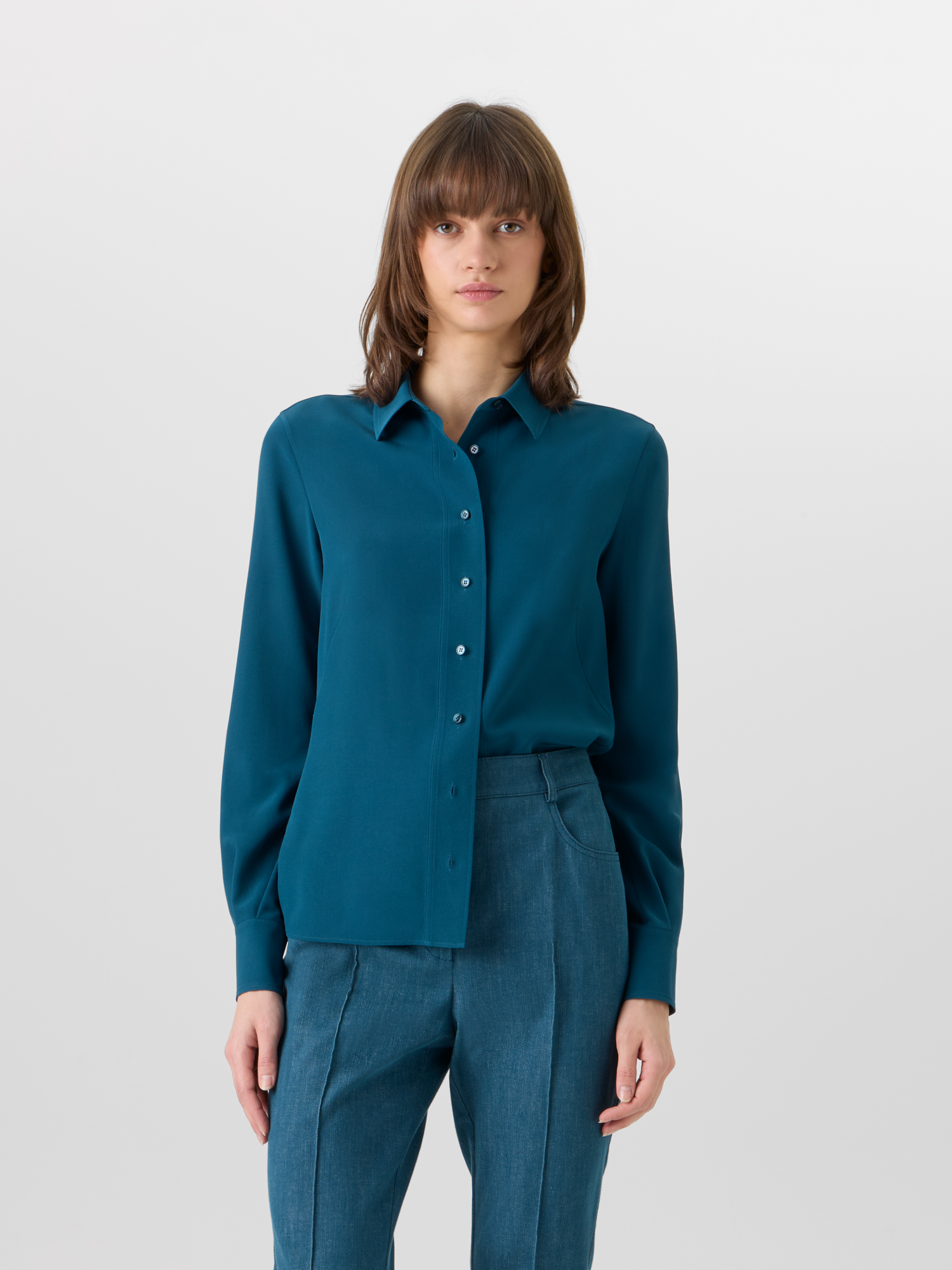 Designer Long-Sleeve Silk Crêpe Tunic Blouse - blue 