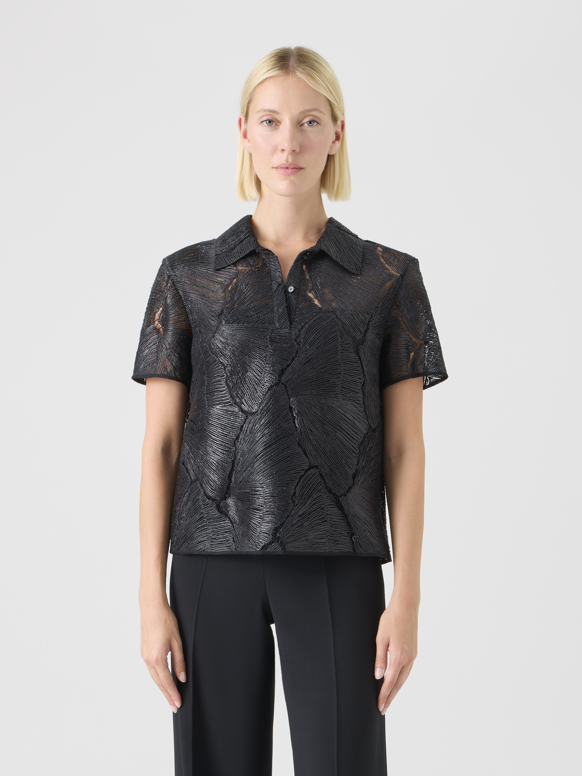 Designer Polo Blouse in Lacquered Sea Fan Lace  - black #editorial