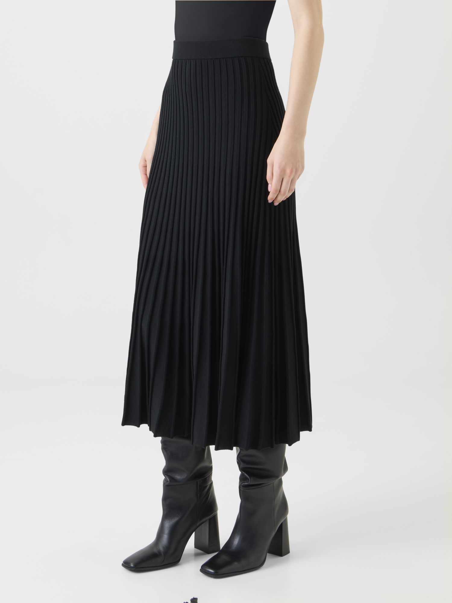 Designer A-Line Merino Wool Rib Knit Pleated Midi Skirt - black - neutral 