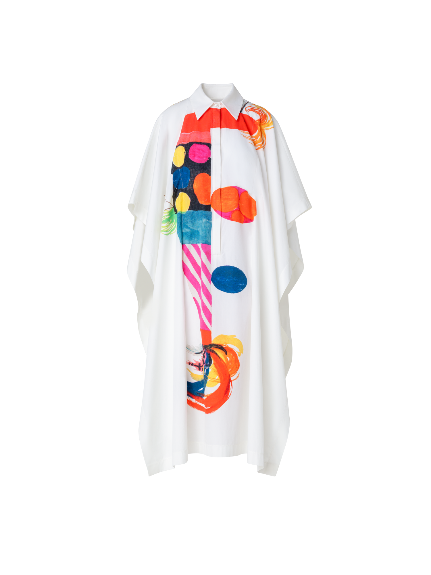 Designer Cotton Caftan Dress with Rooster Print - multicolor - ecru - white