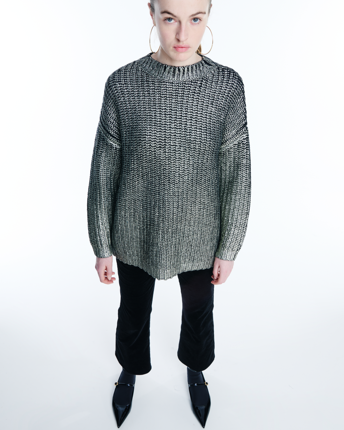 Designer Long Chunky Laminated Cashwool Knit Sweater - black - gold #editorial