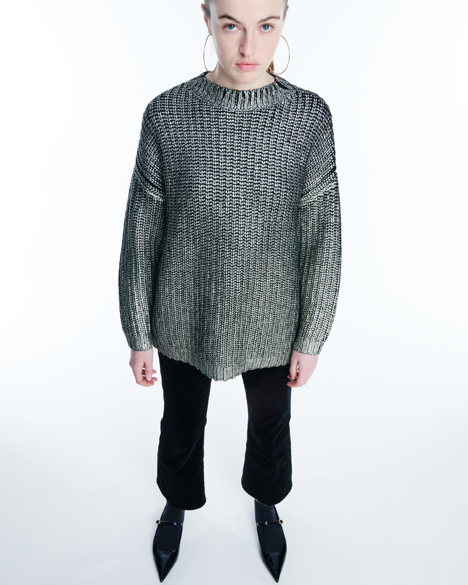 Designer Long Chunky Laminated Cashwool Knit Sweater - black - gold 