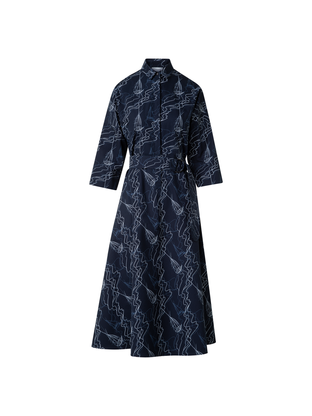 Designer Midi Shirt Dress in Cotton with Sailboat Print - navy - blue - multicolor