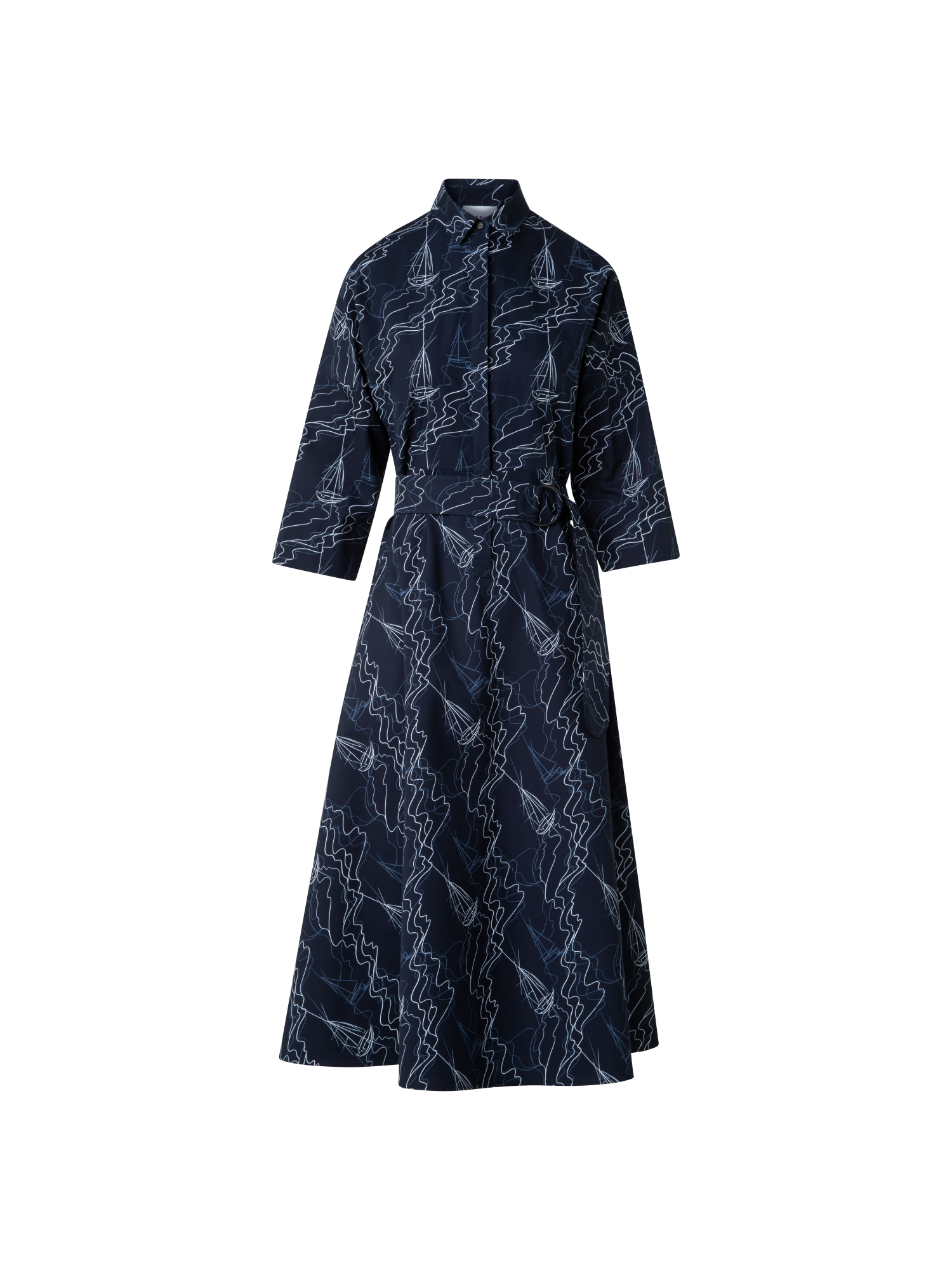 Designer Midi Shirt Dress in Cotton with Sailboat Print - navy - blue - multicolor