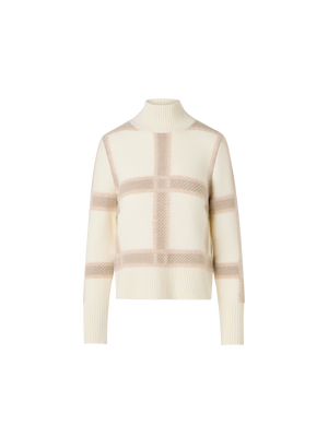 Designer Wool Cashmere Sweater with Intarsia Plaid - ecru - multicolor