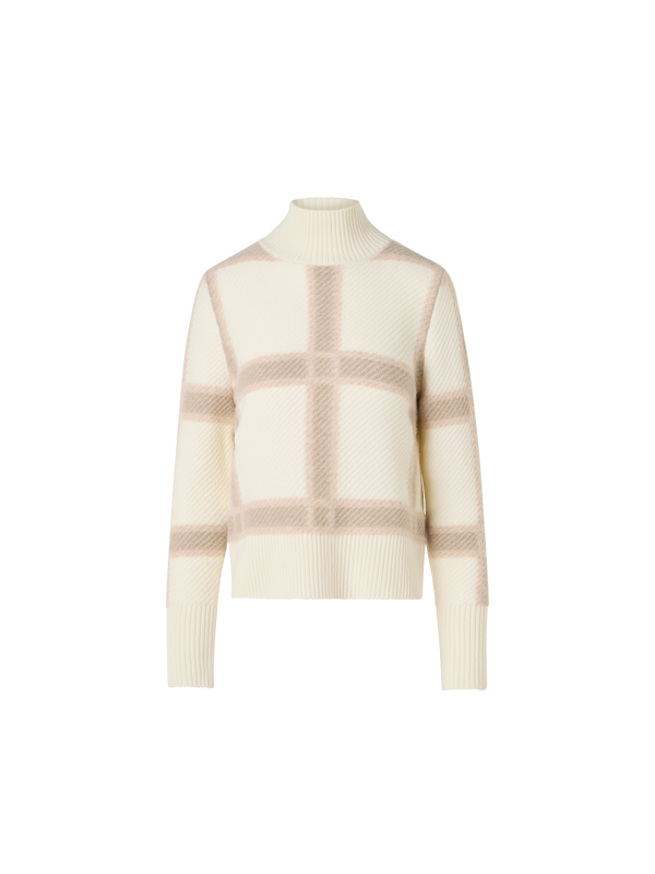 Designer Wool Cashmere Sweater with Intarsia Plaid - ecru - multicolor