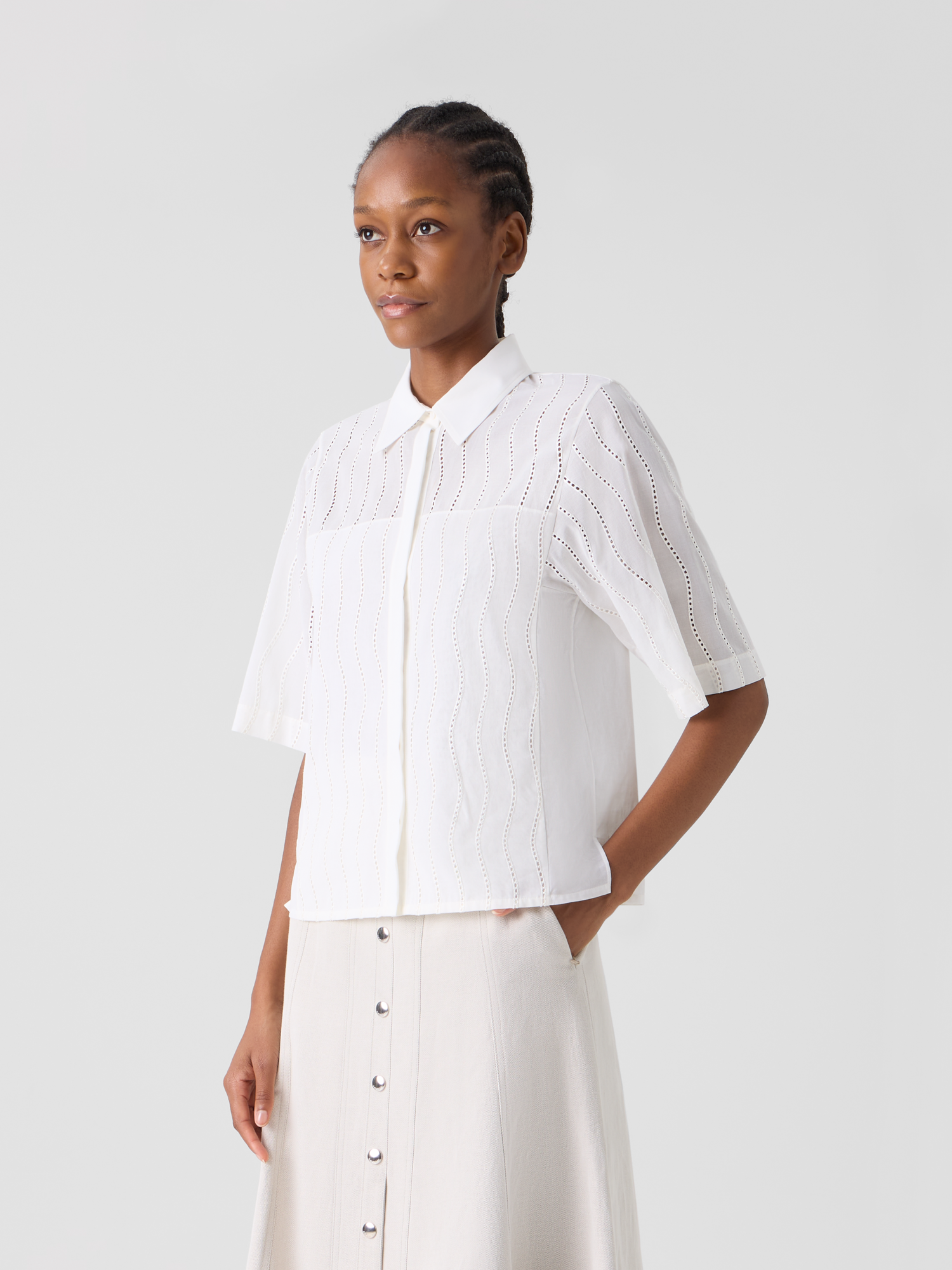 Designer Embroidered Boxy Cotton Blouse - ecru 