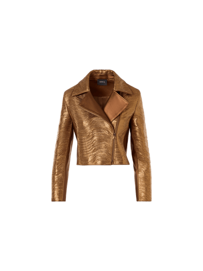 Designer Short Lamé Leather Stripe Embroidery Jacket - gold
