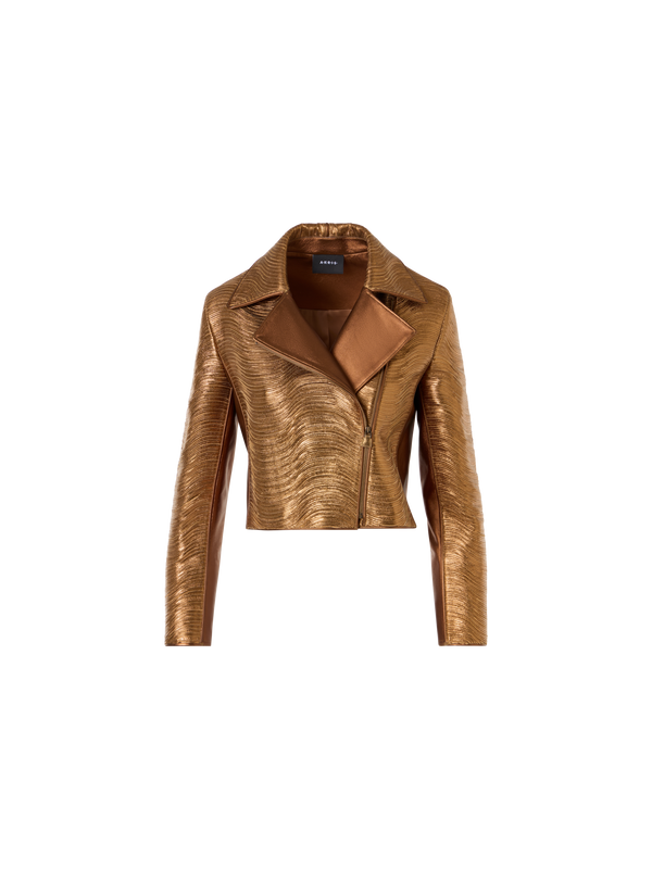 Designer Short Lamé Leather Stripe Embroidery Jacket - gold