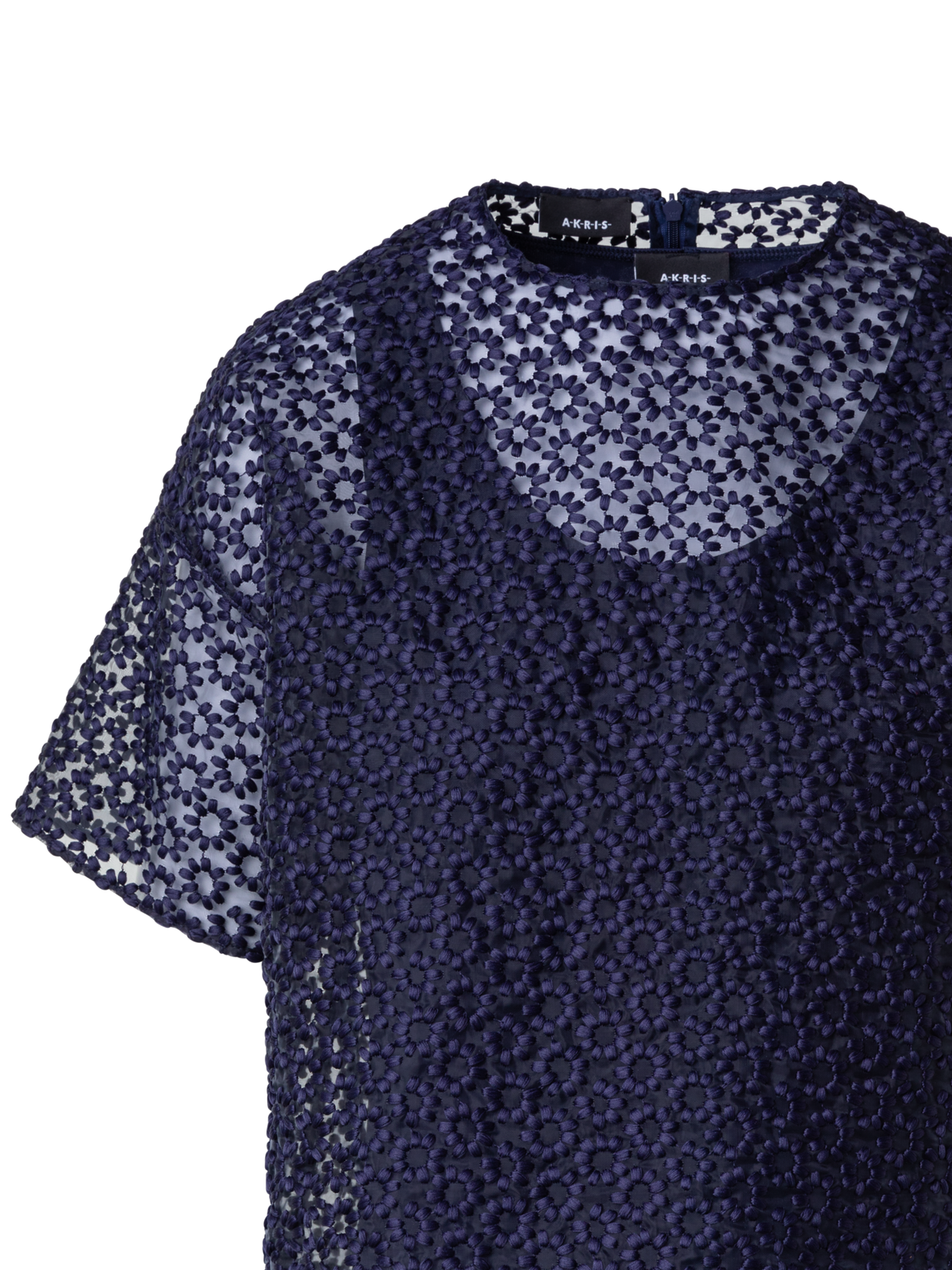 Designer St.Gallen Flower Embroidery Organza Blouse - navy - blue