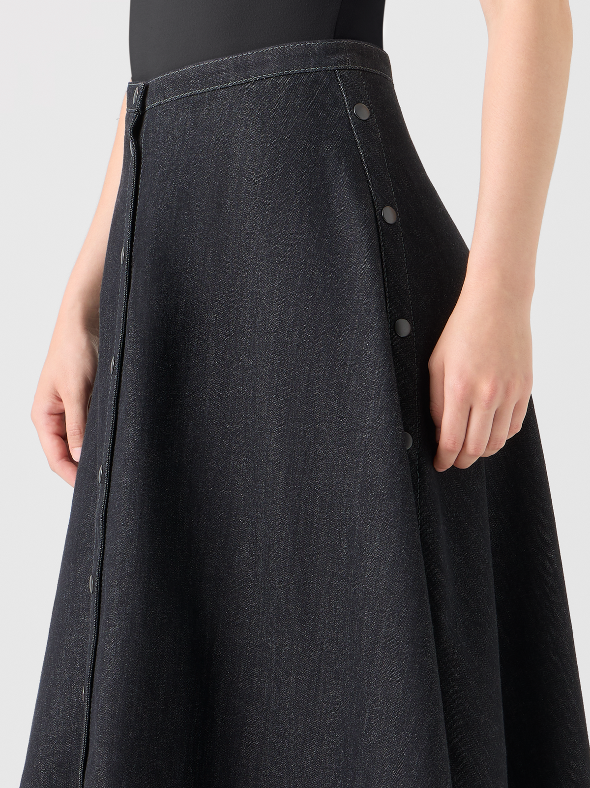 Designer Flared Cotton Stretch Denim Skirt - black #editorial