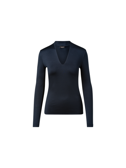 Designer Long Sleeve Shirt in Silk Jersey - navy - blue
