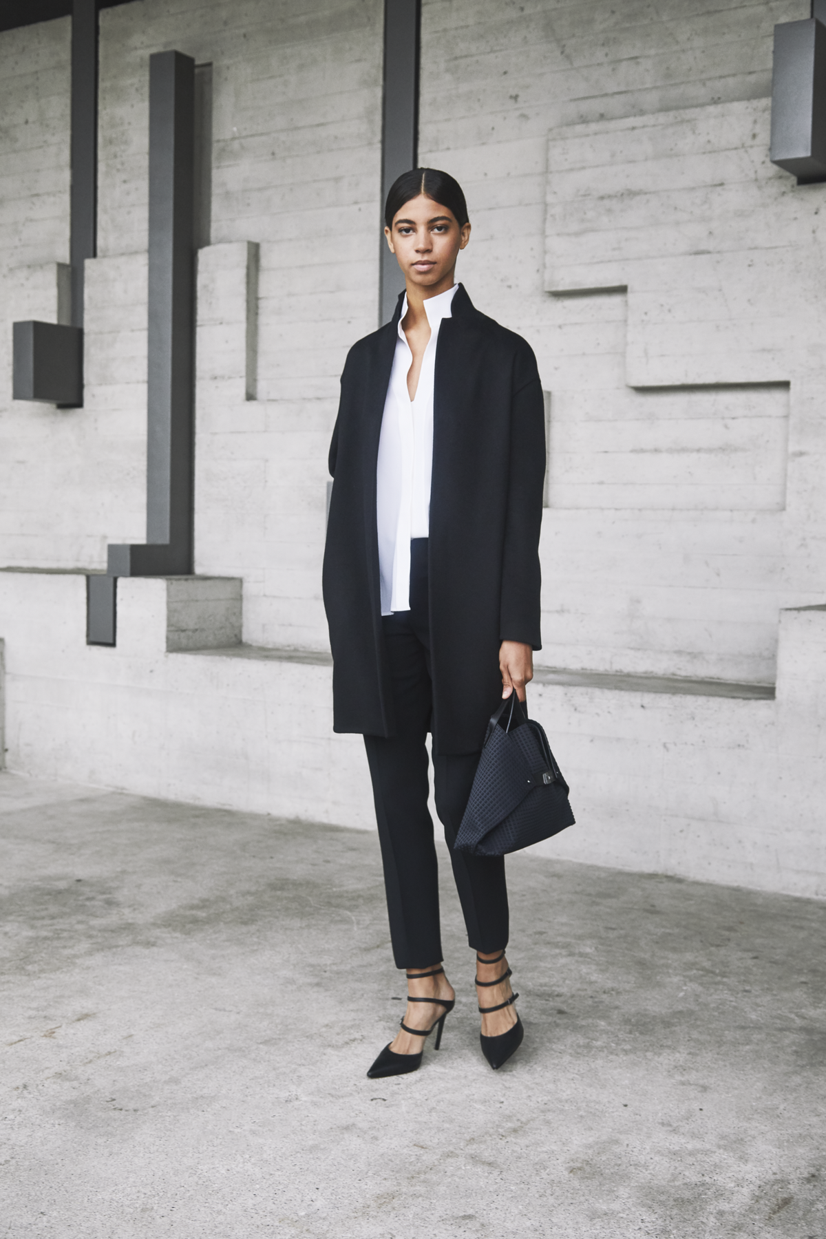 Designer Long Sleeve Silk Blouse with Stand-up Collar - black #editorial