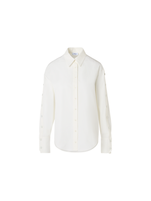 Designer Cotton Poplin Blouse with Snap-Button Slit Sleeves - ecru