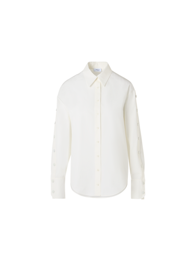 Designer Cotton Poplin Blouse with Snap-Button Slit Sleeves - ecru