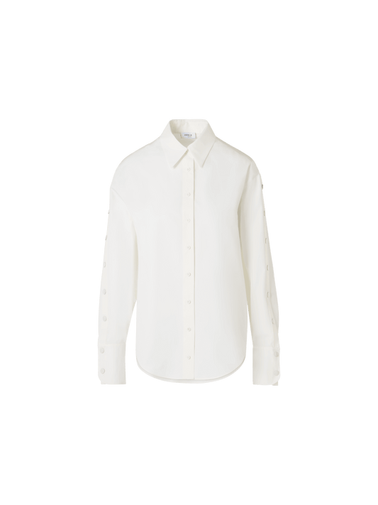 Designer Cotton Poplin Blouse with Snap-Button Slit Sleeves - ecru