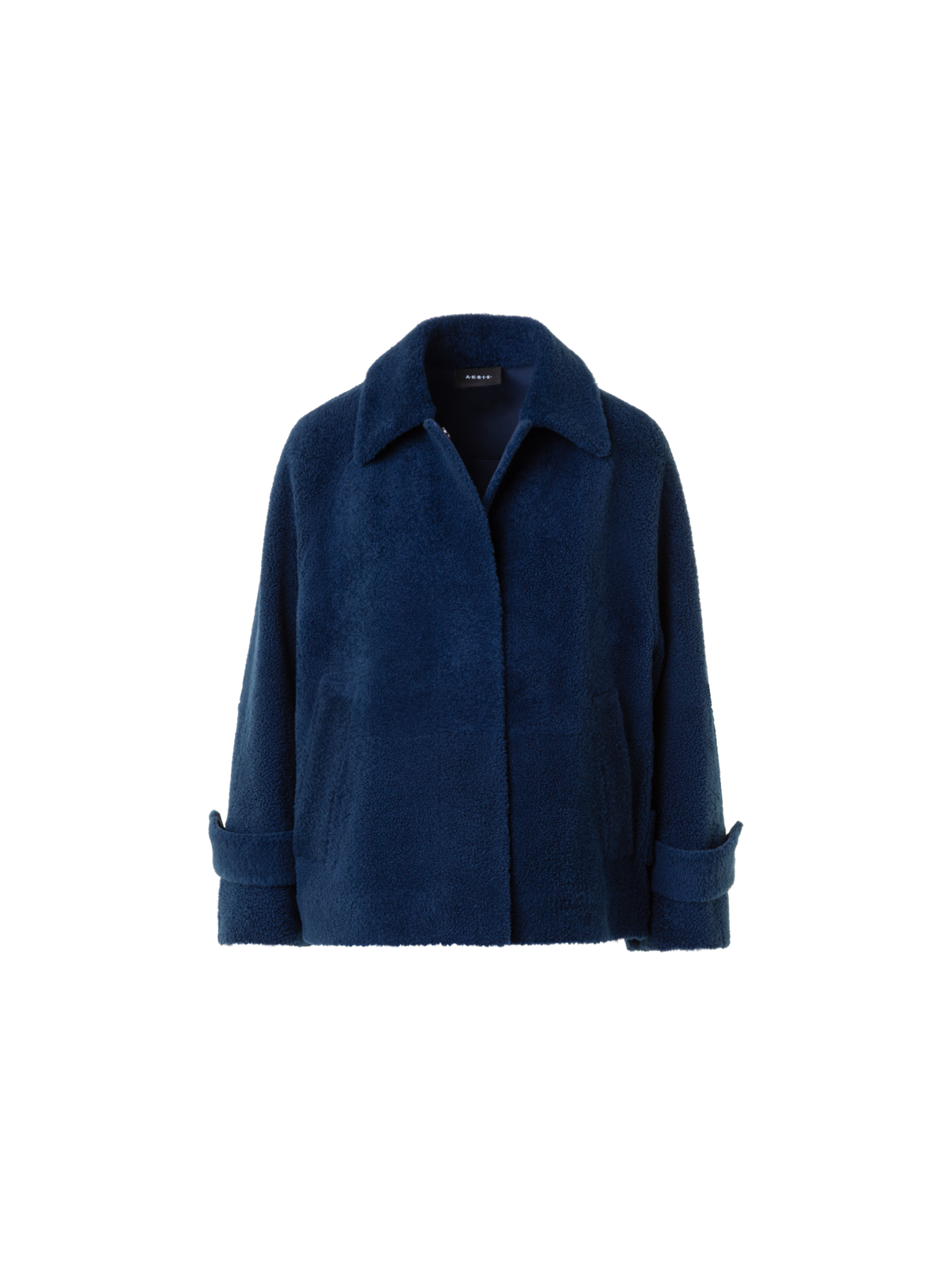 Designer Short A-Line Shearling Jacket - neutral - navy - blue
