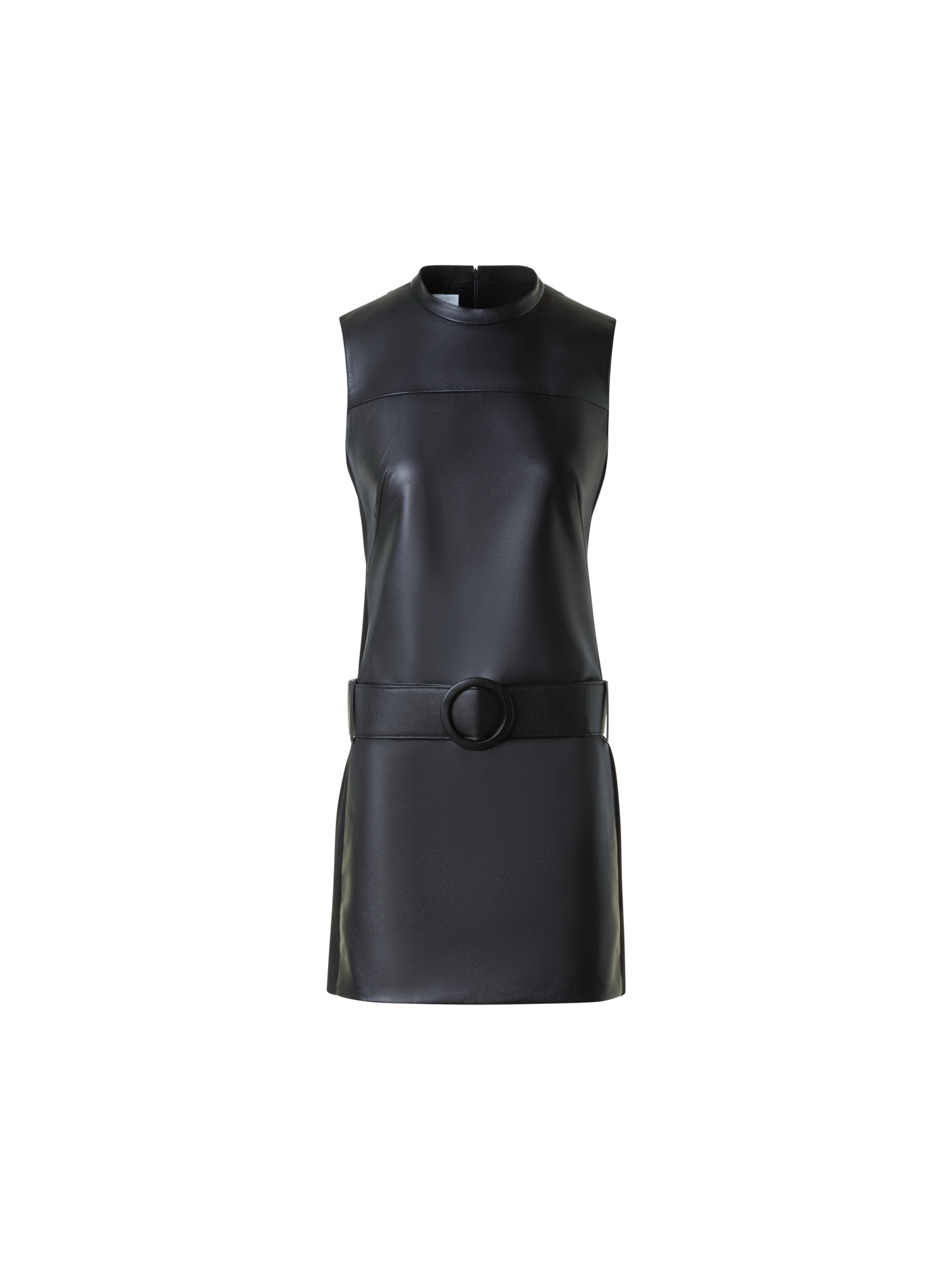 Designer Faux Leather Front Mini Dress with Belt - black - neutral