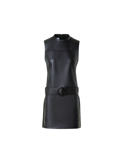 Designer Faux Leather Front Mini Dress with Belt - black - neutral