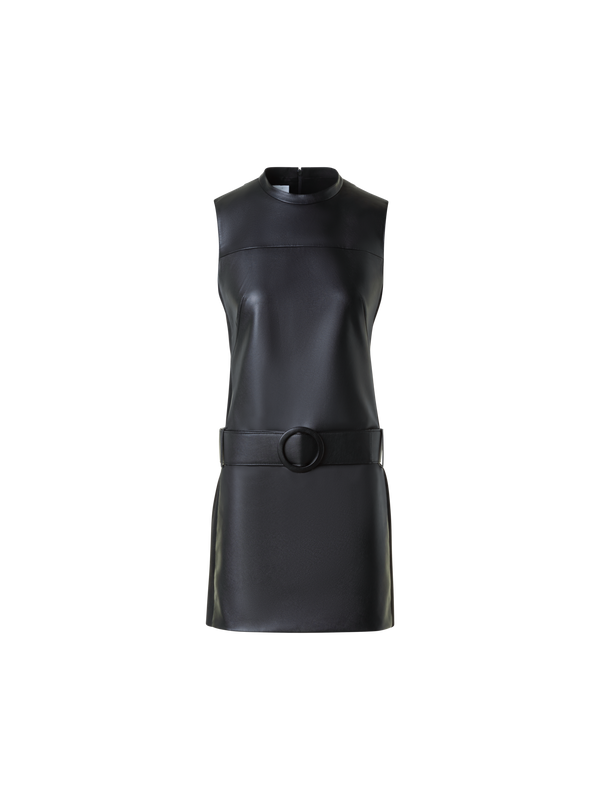 Designer Faux Leather Front Mini Dress with Belt - black - neutral