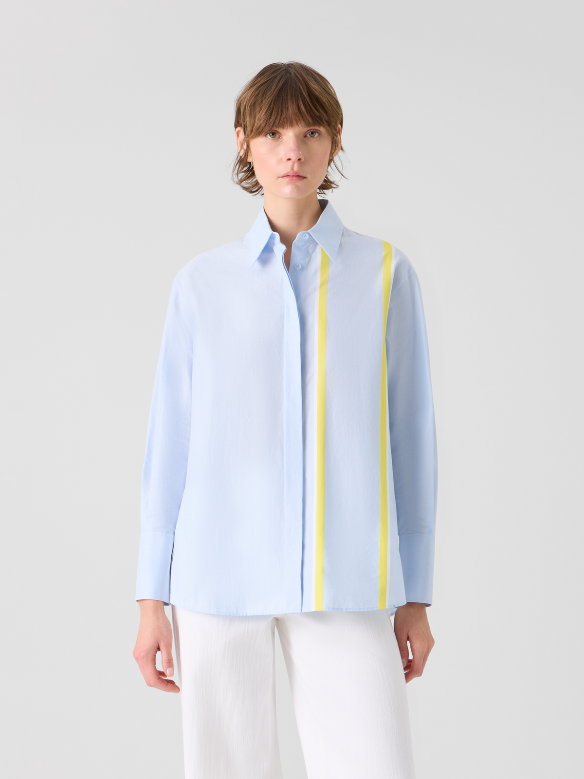 Designer Striped Cotton Chambré Shirt Blouse - pastel - blue