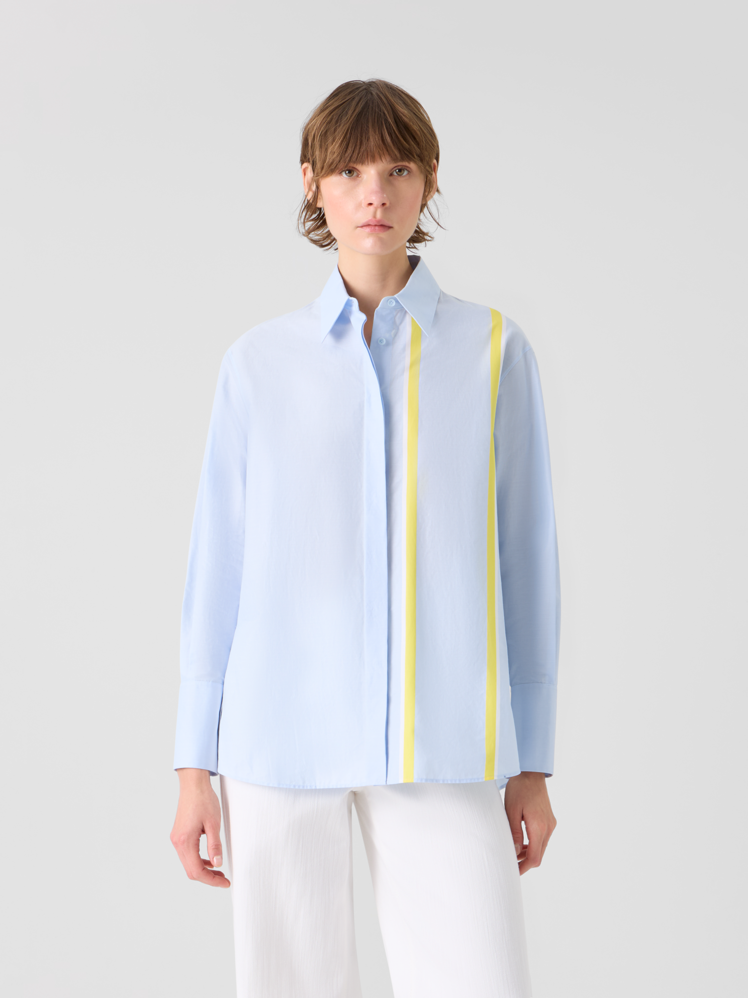 Designer Striped Cotton Chambré Shirt Blouse - pastel - blue