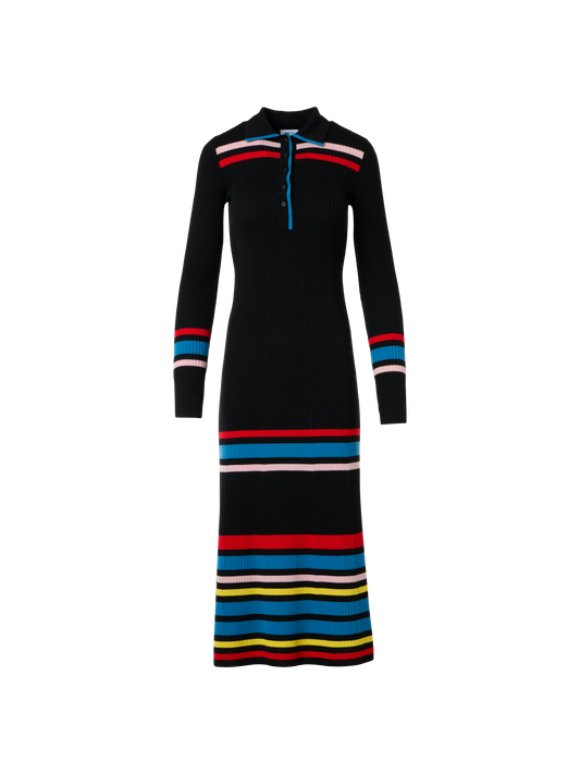 Designer Color-Block Ribbed Knit Polo Dress