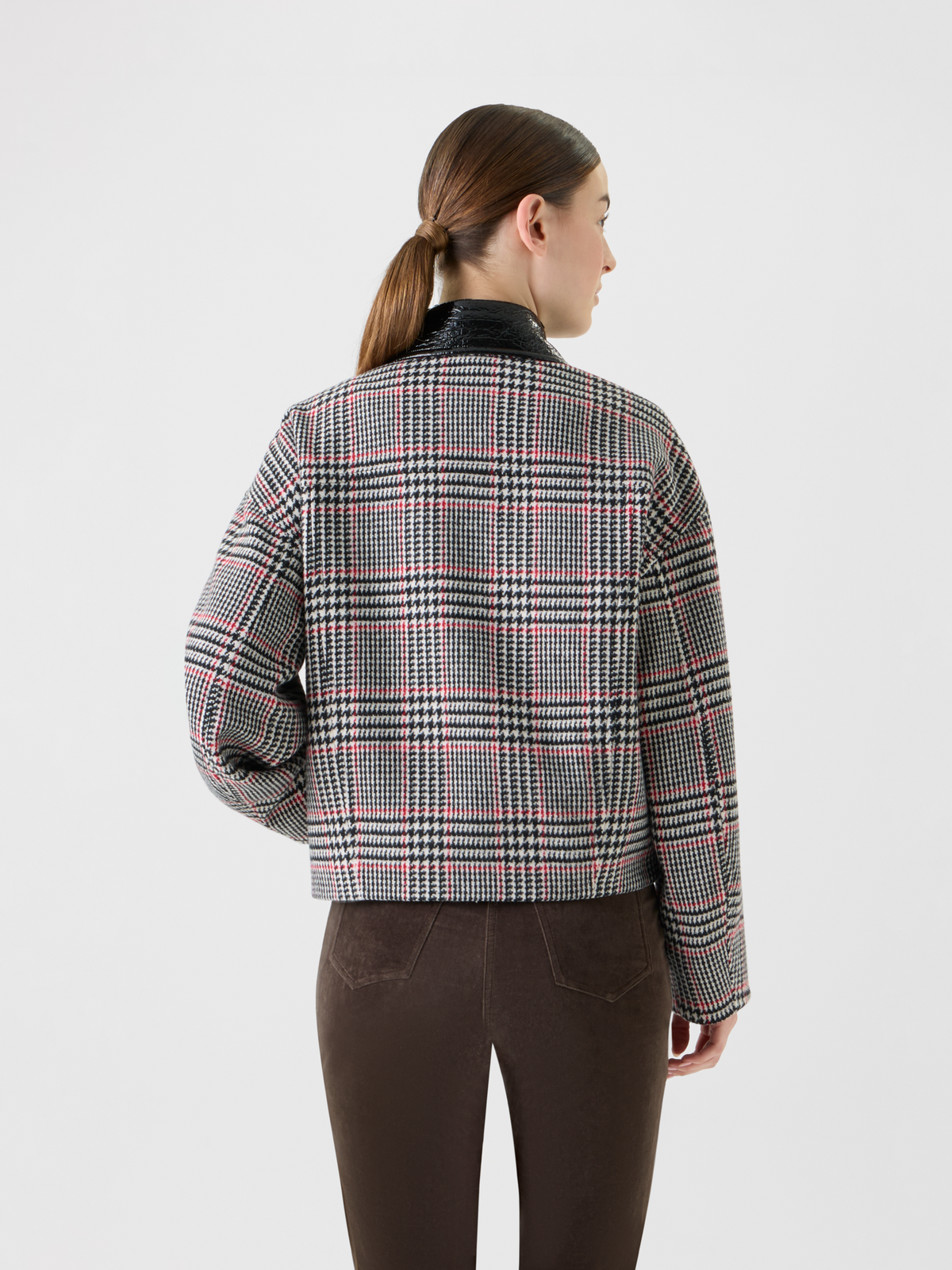 Designer Glencheck Tweed Jacket with Faux Leather Collar - black - multicolor #editorial