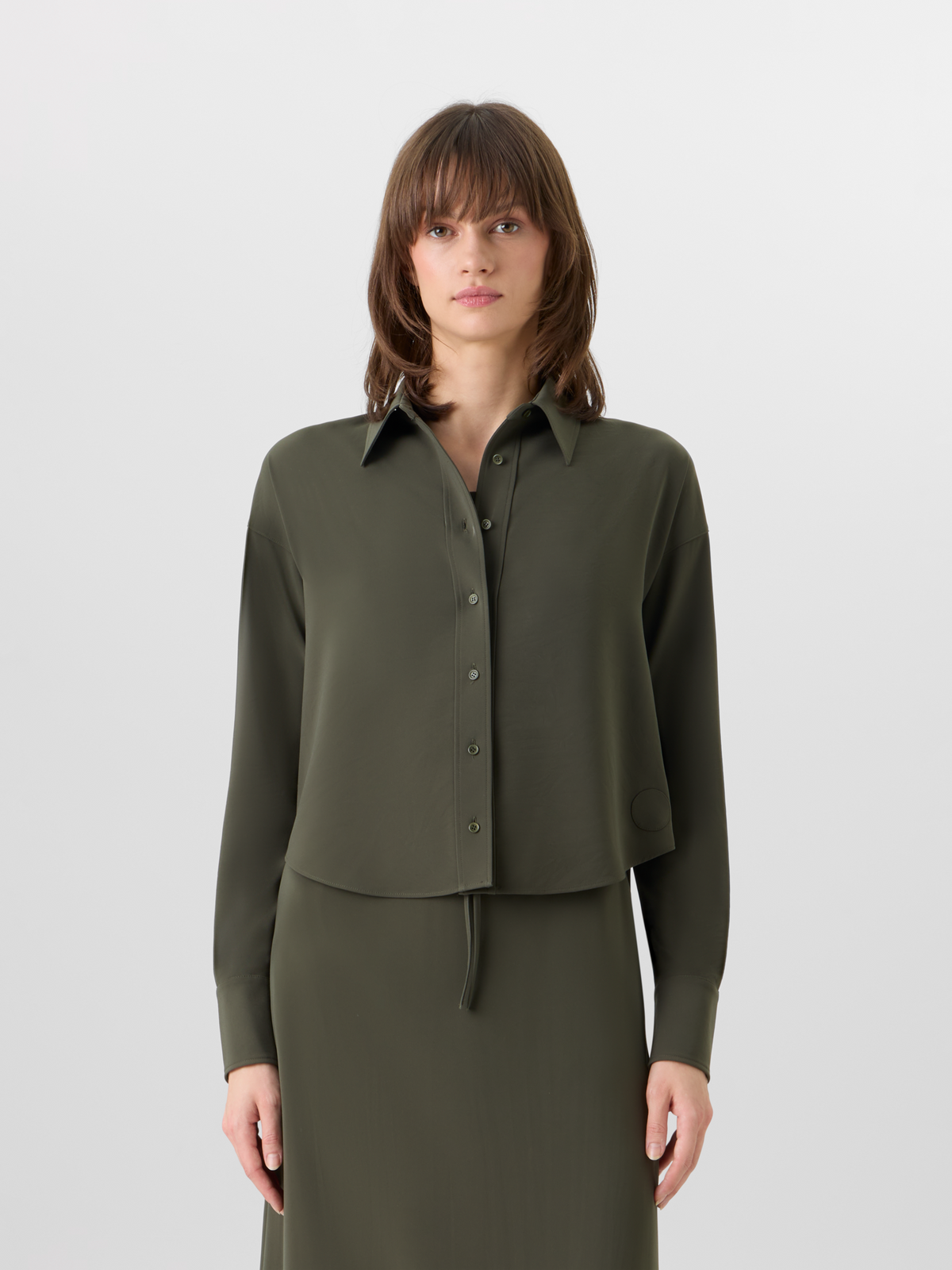Designer Long-Sleeve Lasercut-Crêpe Blouse - green #editorial
