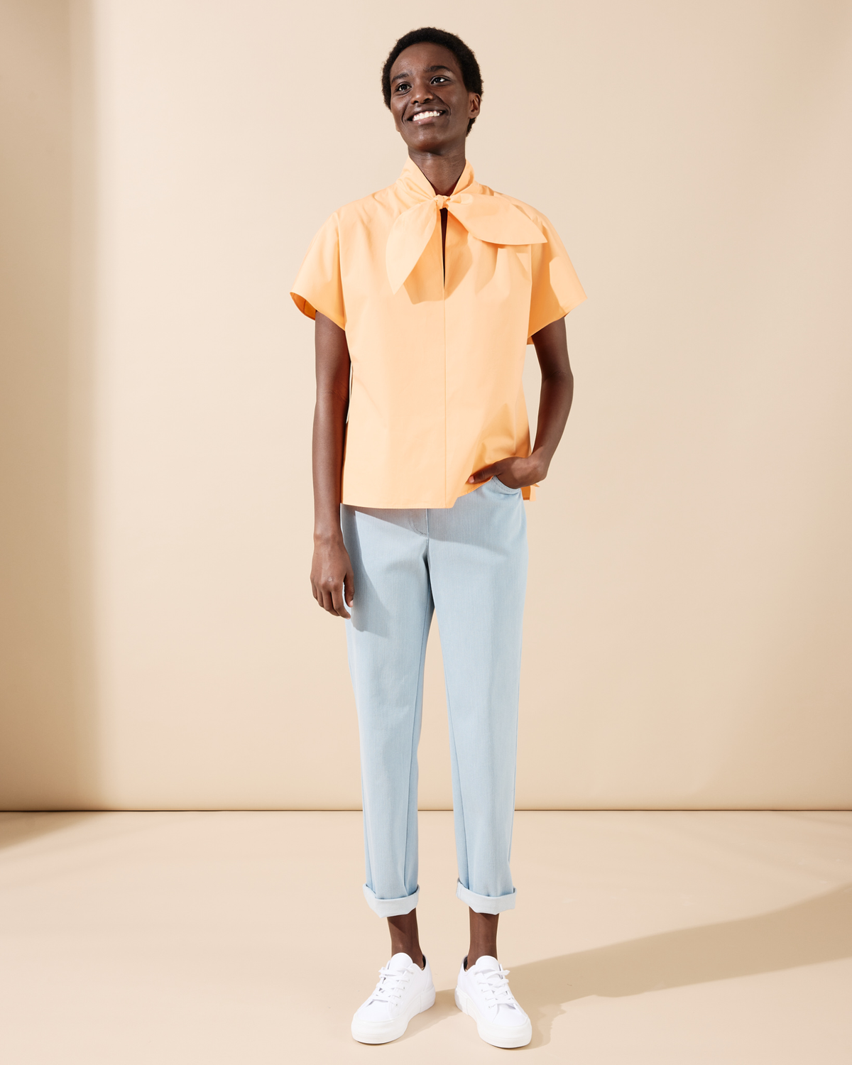 Designer Cotton Blouse with Collar Knot - pastel - orange #editorial